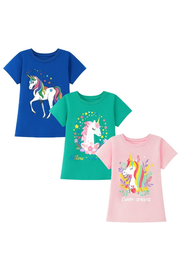 Little Girl Cotton Short Sleeve Tees, Summer Tops, Unicorn Design, 3 Pack, Size 8