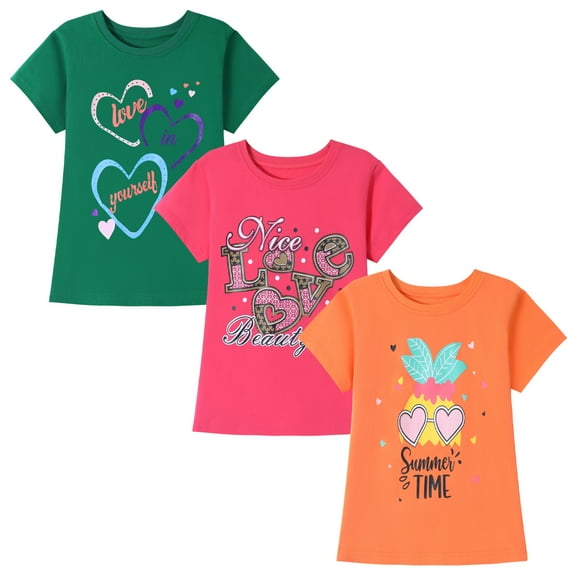 HILEELANG Little Girl Short Sleeve Tees Summer Pink Orange Green Heart Cotton Tops Shirts 3 Packs Size 6