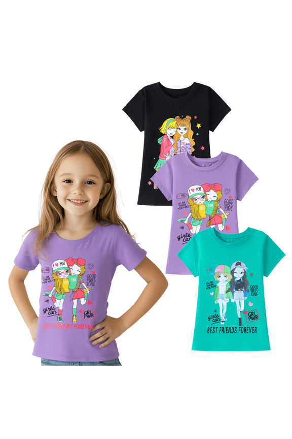 Little Girl Short Sleeve Tees Summer Purple Black Green Girl Cotton Tops Shirts 3 Packs Size 6