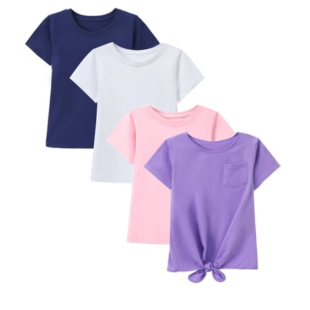 HILEELANG Little Girls 5-16Y Navy White Pink Purple Cotton Short Sleeve Crewneck T Shirt Tee Size 5-6Y