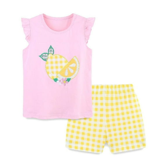 HILEELANG Little Girl Summer Short Clothes Sets Outfits Easter Cotton Pink Lemon Tee Shirts Shorts Playwear Size 6