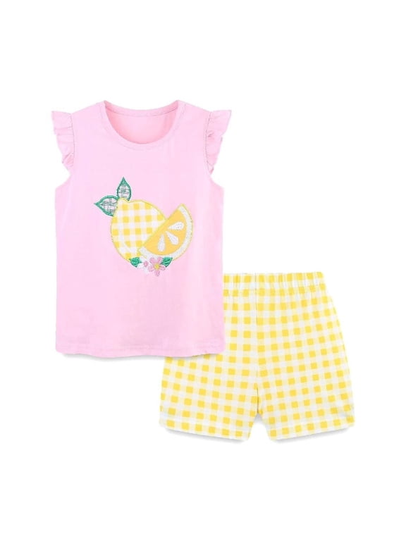 Little Girl Summer Short Clothes Sets Outfits Cotton Pink Lemon Tee Shirts Shorts Playwear 6T