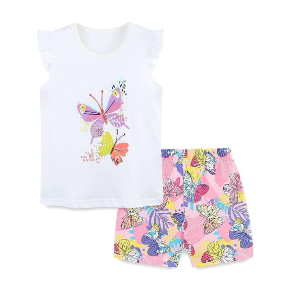 HILEELANG Little Girl Summer Short Clothes Sets Outfits Easter Cotton White Butterfly Tee Shirts Shorts Playwear Size 7
