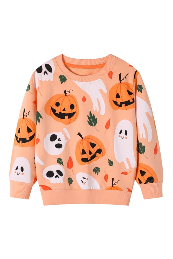 Little Girl Sweatshirts Halloween Pumpkin Ghost Printed Cotton Casual Crew Neck Long Sleeve Tops Shirt 7Years