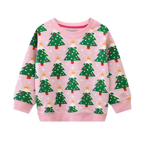 HILEELANG Little Girl Sweatshirts Pink Christmas trees Printed Cotton Casual Crew Neck Long Sleeve Tops Shirt 7Years