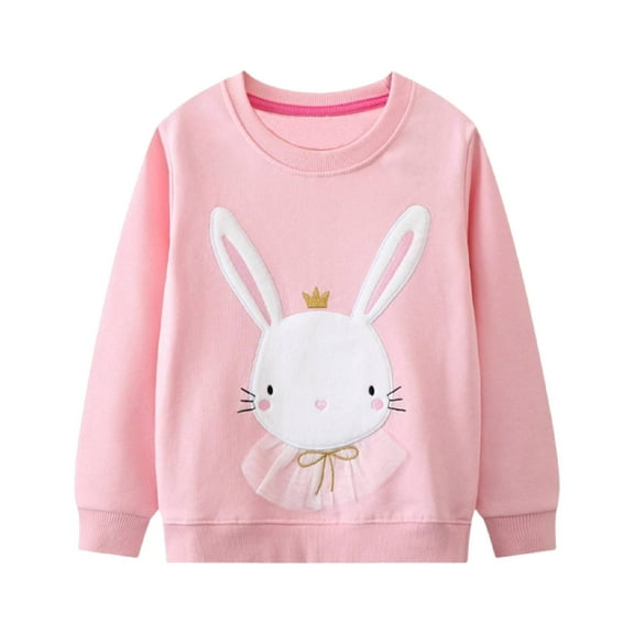 HILEELANG Little Girl Sweatshirts Pink Rabbit Bunny Applique Crewneck Long Sleeve Pullover Cotton Top Sweater Shirts 7Years