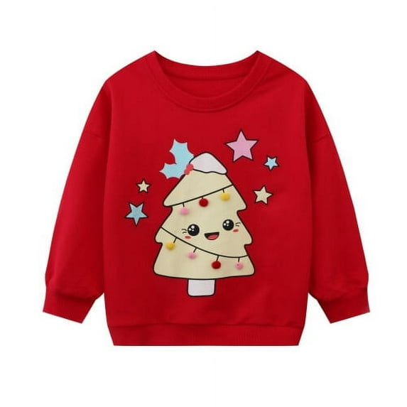 HILEELANG Little Girl Sweatshirts Red Christmas trees Printed Cotton Casual Crew Neck Long Sleeve Tops Shirt 7Years