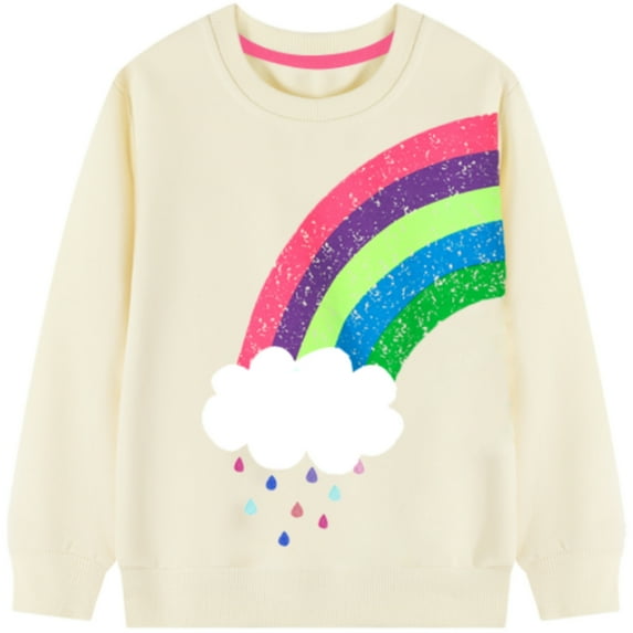 HILEELANG Little Girl Sweatshirts White Rainbow Graphic Crewneck Long Sleeve Pullover Cotton Top Sweater Shirts 7Years