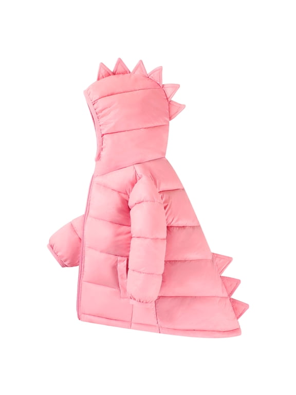 Little Girl Winter Puffer Jackets Coats Pink Dinosaur Hooded Light Weight Padded Outerwear 5-6T