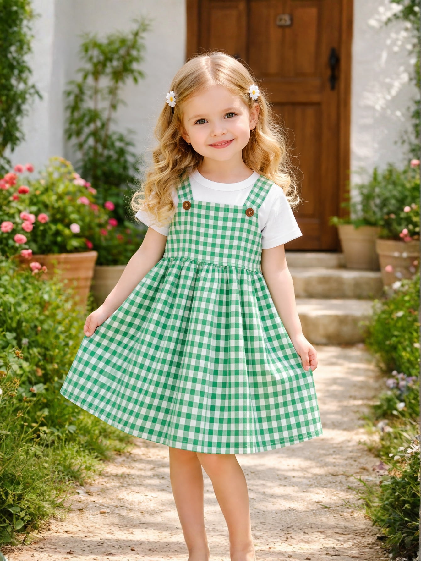girls green gingham dress Fore! Girls' Tie Shoulder Gingham Tiered Dress 6/7