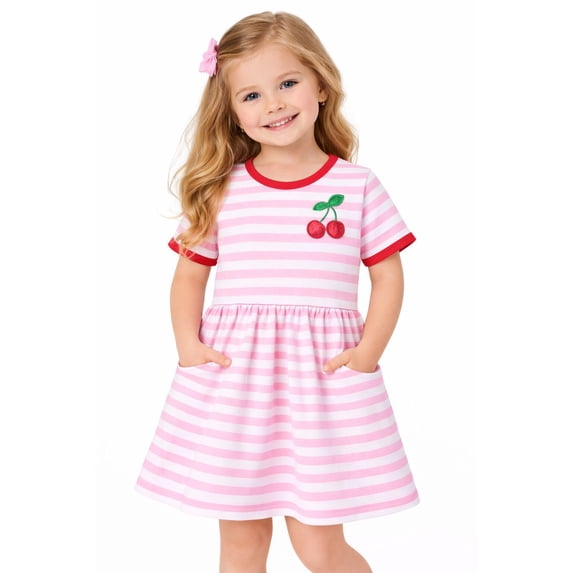 HILEELANG 2-8 Little Girls Pink White Stripe Cherry Summer Play Dress Size 8T