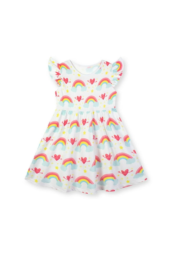 Little Girls Cotton Dress Short Sleeve Casual Summer Sundress Rainbow Printed Jumper Skirt 6Years