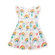 HILEELANG Little Girls Cotton Dress Short Sleeve Casual Summer Sundress Rainbow Printed Jumper Skirt 6Years