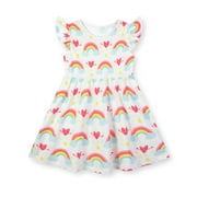 HILEELANG Little Girls Cotton Dress Short Sleeve Casual Summer Sundress Rainbow Printed Jumper Skirt 7Years
