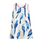 HILEELANG Little Girls Cotton Dress Sleeveless Casual Summer Striped Basic Shirt Blue Bird Pattern Jumpskirt Playwear Dresses 3Y