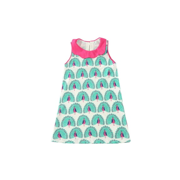 HILEELANG Little Girls Cotton Dress Sleeveless Casual Summer Striped Basic Shirt Green Peacock Pattern Jumpskirt Playwear Dresses 5Y