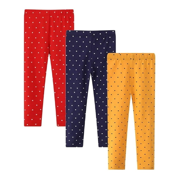 HILEELANG Little Girls Leggings 3-Pack Set Cotton Casual Solid Red Yellow Dots Tights Pants 6Years