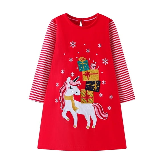 HILEELANG Little Girls Long Sleeve Christmas Dress Cotton Casual Red Strip Unicorn Applique Jersey Shirt Playwear Dresses 7Years