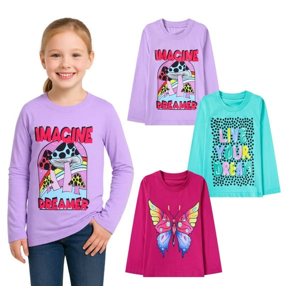 HILEELANG Little Girls' Long Sleeve Tee Shirt Cotton Crewneck Butterfly Graphic Tops T-Shirts Purple Green 3 Packs Sets 6Years