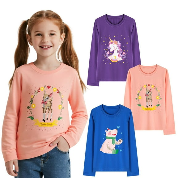 HILEELANG Little Girls' Long Sleeve Tee Shirt Cotton Crewneck Unicorn Graphic Tops T-Shirts Blue Pink 3 Packs Sets 6Years