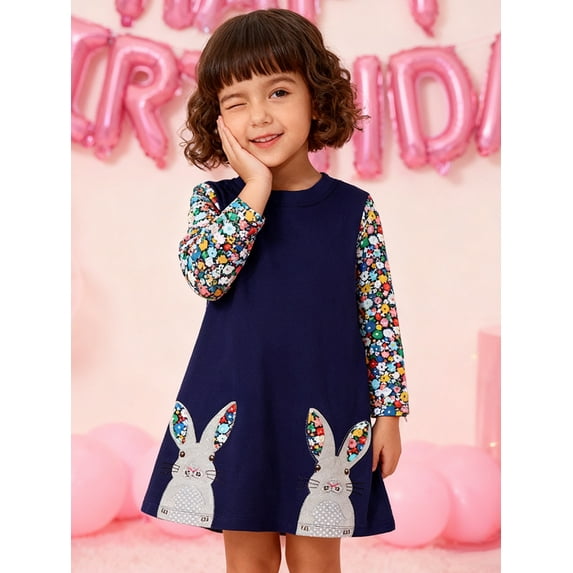 HILEELANG Little Girls Long Sleeved Dresses Christmas Winter Cotton Casual Cute Navy Rabbit Cartoon Pattern Dress 6Years
