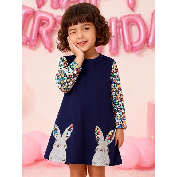 HILEELANG Little Girls Long Sleeved Dresses Christmas Winter Cotton Casual Cute Navy Rabbit Cartoon Pattern Dress 6Years