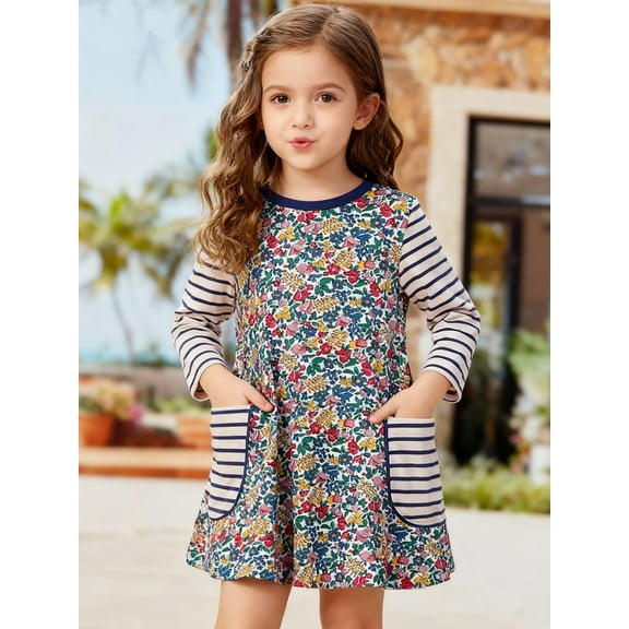 HILEELANG toddle Girls Long Sleeved Dresses Christmas Winter Cotton Casual Cute Party Cartoon Animal Unicorn Pattern Dress 4Y