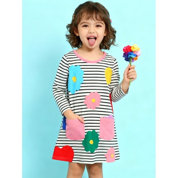 HILEELANG Little Girls Long Sleeved Dresses Christmas Winter Cotton Casual Cute Party Stripe Flowers Pattern Dress 7Years
