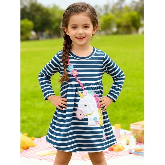 HILEELANG Little Girls Long Sleeved Dresses Christmas Winter Cotton Casual Cute Stripe Unicorn Cartoon Pattern Dress 6Years