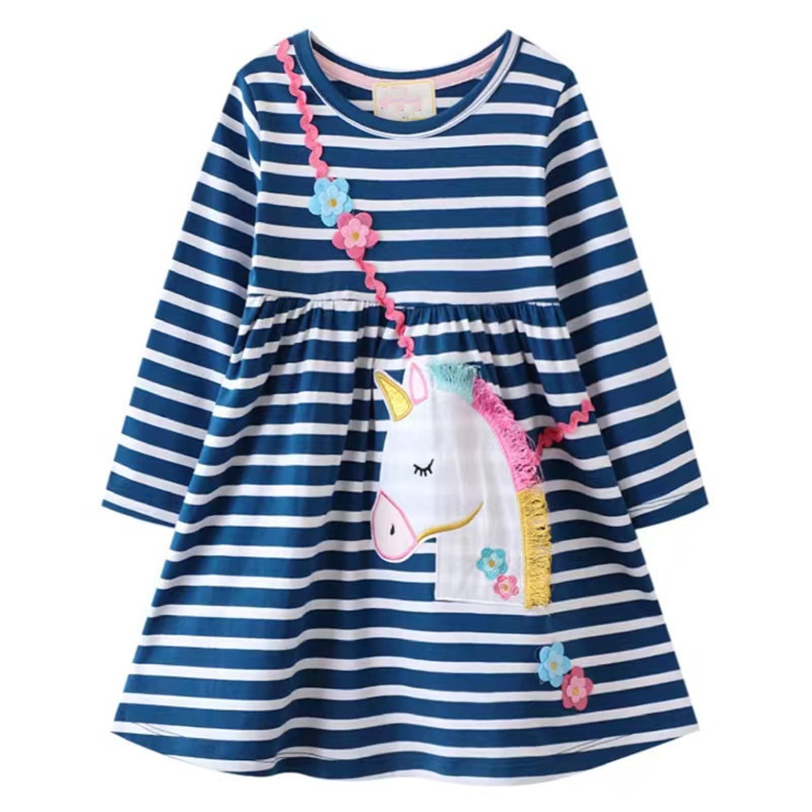 HILEELANG Little Girls Long Sleeved Dresses Christmas Winter Cotton Casual Cute Stripe Unicorn Cartoon Pattern Dress 7Years