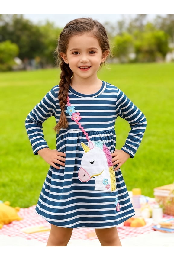 Little Girls Long Sleeved Dresses Christmas Winter Cotton Casual Cute Stripe Unicorn Cartoon Pattern Dress 7Years