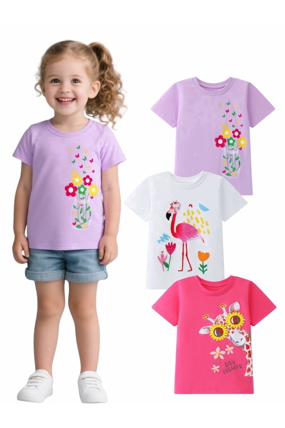 2-7T Toddler Little Girls 3-Pack T-Shirts Flamingo Giraffe Flower Graphic 100% Cotton Short Sleeve Summer Tees White Pink Purple 2T 3T 4T 5T 6T 7T