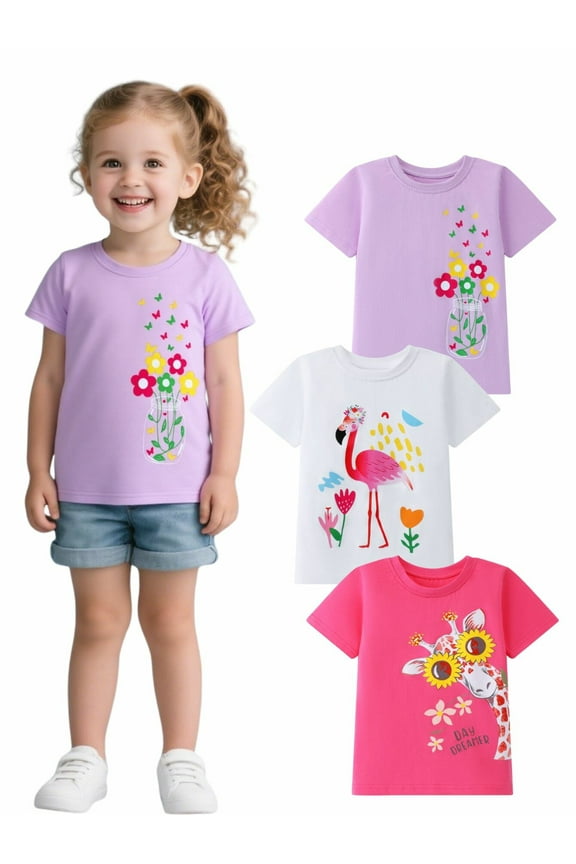 Little Girls' Short Ruffle Sleeve Tees Cotton Casual Crewneck Summer Top T-Shirts Rose Giraffe White Bird Purple 3 Packs Sets 6 Years