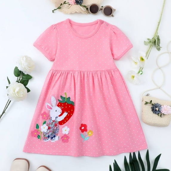 HILEELANG Little Girls Short Sleeve Dress Cotton Casual Pink Dot Bunny Applique Jersey Shirt Playwear Dresses Size 6