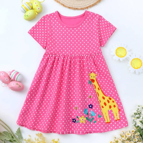 HILEELANG Little Girls Short Sleeve Dress Cotton Casual Pink Dot Giraffe Applique Jersey Shirt Playwear Dresses Size 6