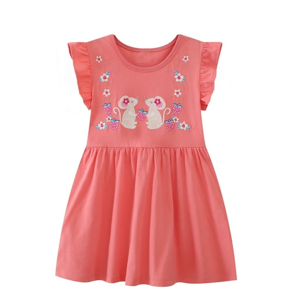 HILEELANG Little Girls Short Sleeve Dress Cotton Casual Pink Flower Mouse Applique Jersey Shirt Playwear Dresses Size 7