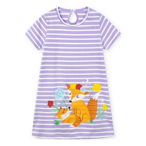 HILEELANG Little Girls Short Sleeve Purple Dresses Easter Summer Cotton Casual Cartoon Animal Fox Pattern Swing Twirly Sundress 6Years