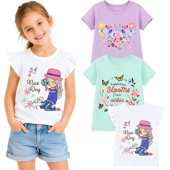HILEELANG Girls 3-Pack Cotton Graphic T-Shirts, Short Sleeve Crewneck Tees, Butterfly & Floral Mix, Size 10