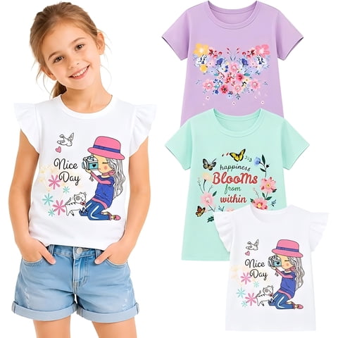 HILEELANG Girls 3-Pack Cotton Graphic T-Shirts, Short Sleeve Crewneck Tees, Butterfly & Floral Mix, Size 7