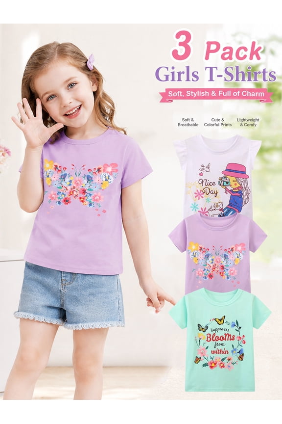 little Girls' Short Sleeve Tee Cotton Casual Crewneck Easter Butterfly Flowers Graphic Tops T-Shirts Purple Green 3 Packs Sets 7Years