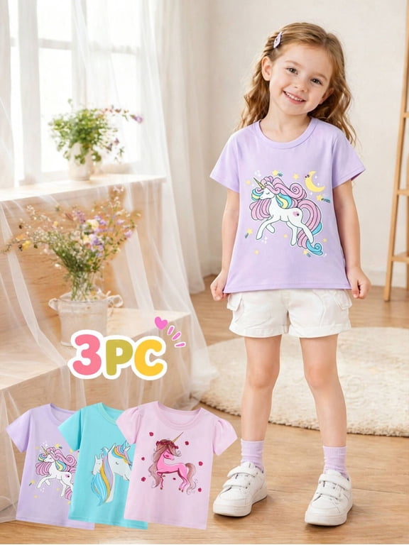 Big Kids Girls' Short Sleeve Tee Cotton Casual Crewneck Easter Unicorn Graphic Tops T-Shirts Purple Pink 3 Packs Sets 12Years