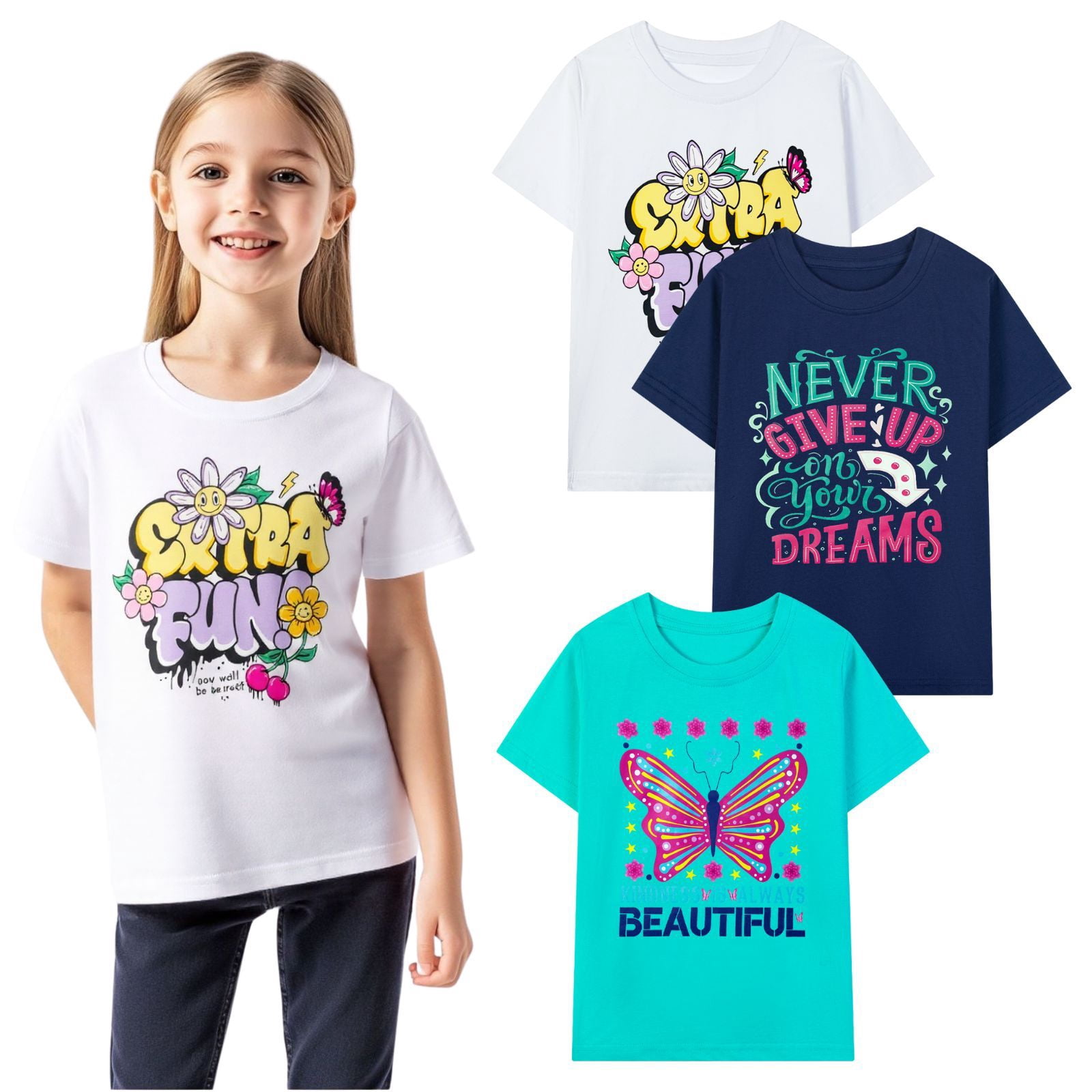 Little Girls' Short Sleeve Tee Shirt Cotton Casual Crewneck Butterfly Graphic Tops T-Shirts Black White Green 3 Packs Sets 6Years