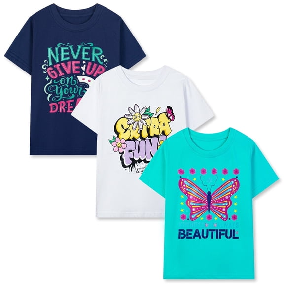 HILEELANG Little Girls' Short Sleeve Tee Shirt Cotton Casual Crewneck Butterfly Graphic Tops T-Shirts Black White Green 3 Packs Sets 7Years