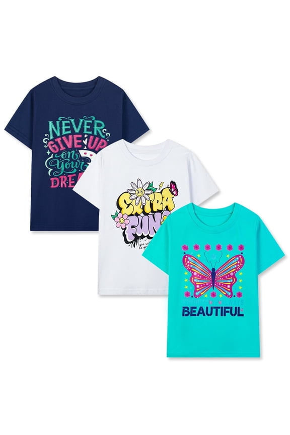 Little Girls' Short Sleeve Tee Shirt Cotton Casual Crewneck Butterfly Graphic Tops T-Shirts Black White Green 3 Packs Sets 7Years
