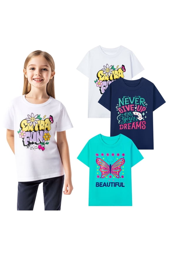 Big Girls' Short Sleeve Tee Shirt Cotton Casual Crewneck Butterfly Graphic Tops T-Shirts Black White Green 3 Packs Sets 8Years