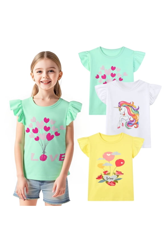 Big Girls' Cotton Short Sleeve Graphic T-Shirt, Unicorn Design, 3-Pack (Black, White, Green), 8 Years