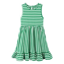 HILEELANG Little Girls Sleeveless Crew Neck Green Strip Dress Easter Summer Cotton Swing Sundress 10Years