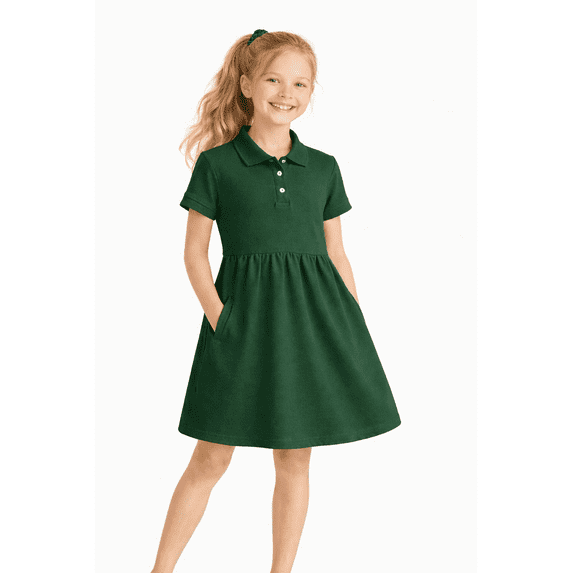HILEELANG Little Girls' dark green Short Sleeve Polo Dress with Pockets, School Uniform Casual Dress for Kids 4-13T