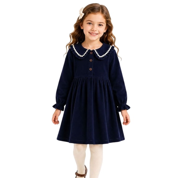 HILEELANG Little Girls 100% Cotton Long Sleeve Dress, Peter Pan Collar Contrast Trim Button Front Dress, Navy Blue, 6Y