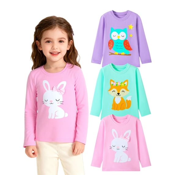 HILEELANG Littler Girls Long Sleeve T Shirts 3 Pack – 100% Cotton Casaul Pink Blue Purple Bunny Fox Owl Cute Graphic Tees for Fall Winter Everyday Layering & Play Tops 6 Years